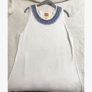 Ruby Rd Embroidered Boho Tank Top White Blue Beaded Trim Sleeveless XL